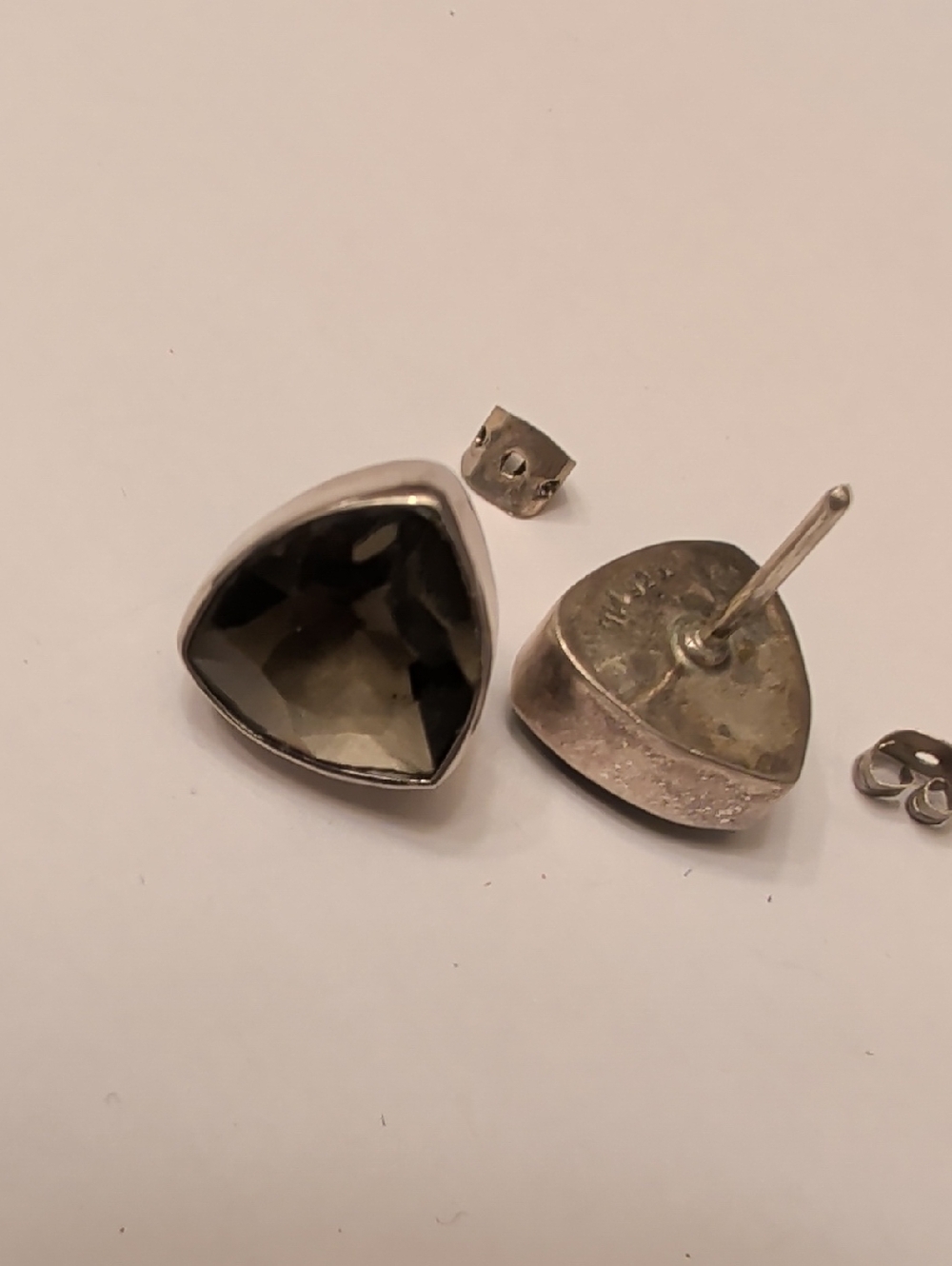 Vintage Smoky Stone Triangle Sterling Stud Earrings - Vintage